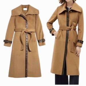 Cole Haan Camel Brown Wool Trench Coat with Dark Trim